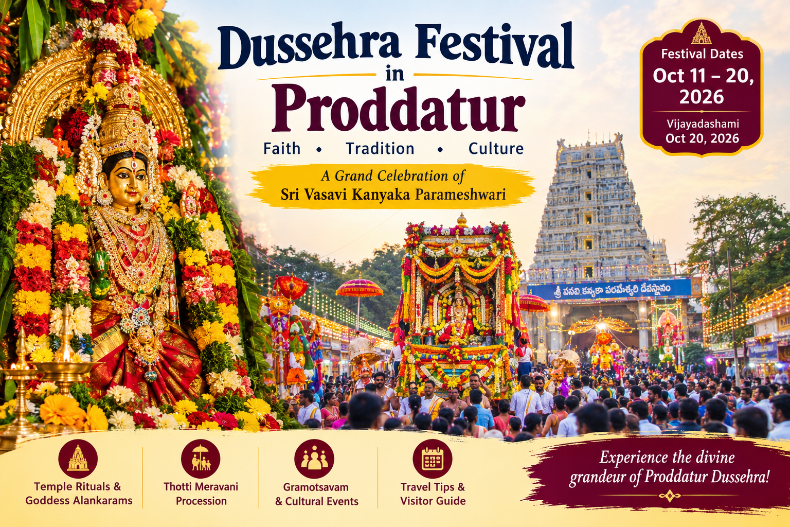 Proddatur Dussehra Festival 2026 featuring Sri Vasavi Kanyaka Parameshwari, a decorated temple, Thotti Meravani procession, and festive crowds.